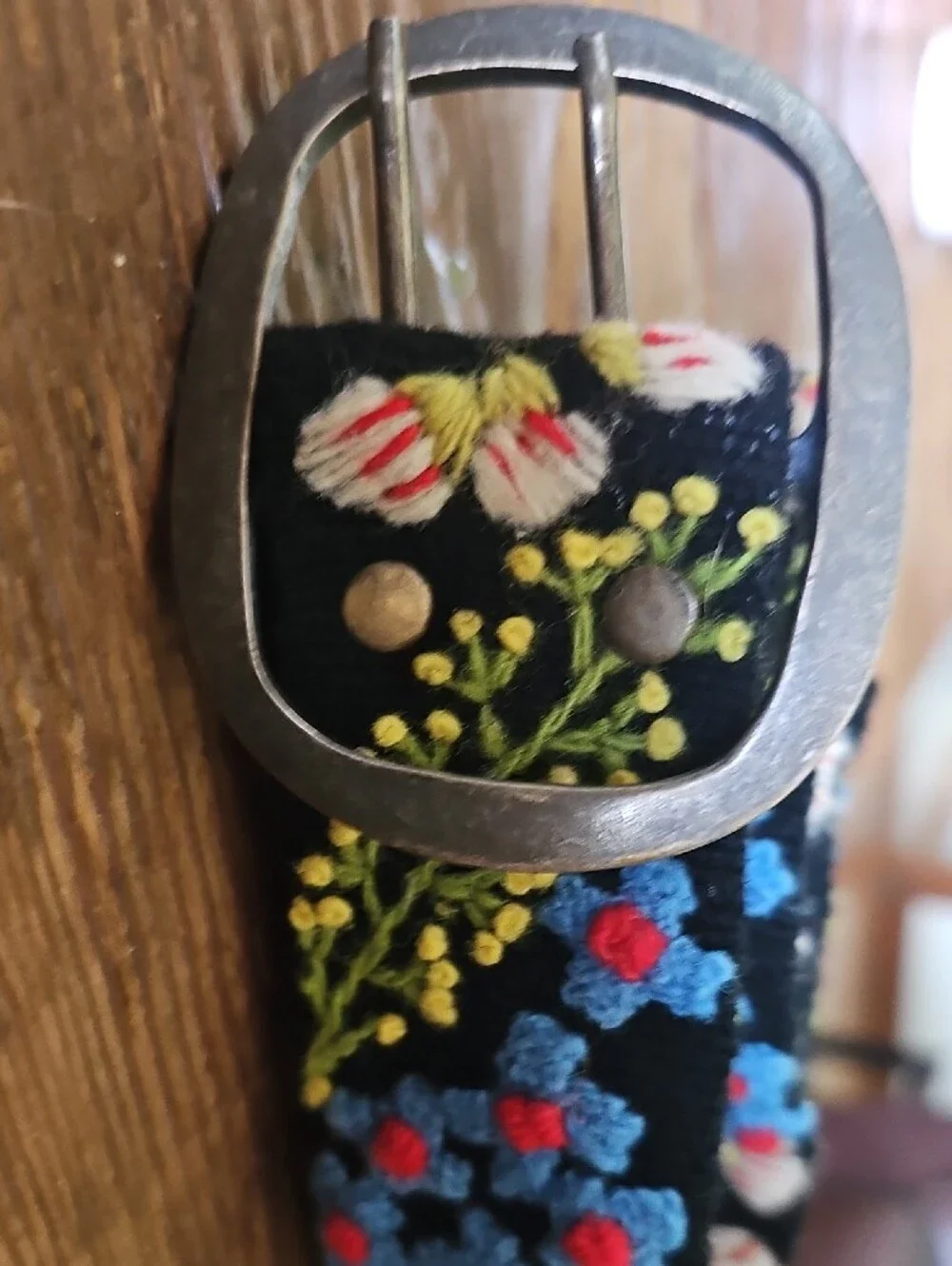 Jenny Krauss Floral Embroidered Black Belt with Multicolor Blooms